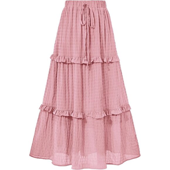 Dresses & Skirts - Women's Pink Long Elegant High Waist Cocktail Guest Flared A-Line Midi Skirt